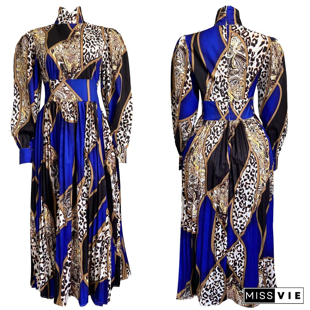 Women Fashion Puff Sleeve Baggy Vestido S-5XL Robes Longue O Neck Printed Pleated Tunic Long Maxi Dresses