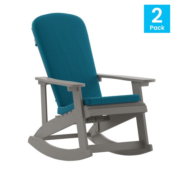 Savannah Set of 2 All-Weather Poly Resin Wood Adirondack Rocking Chairs in Gray with Teal Cushions for Deck， Porch， and Patio