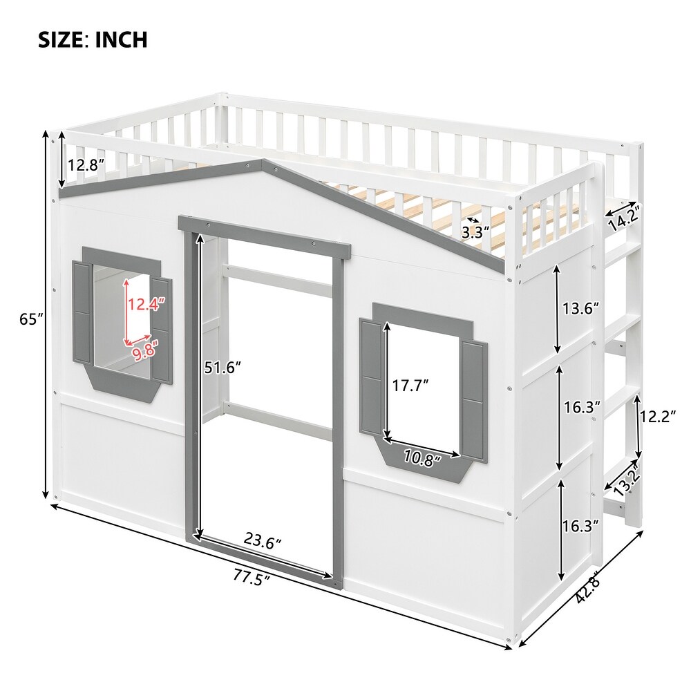 House Loft Bed Twin Kids Playhouse Bed  Solid Wood Loft Bed Frame with Window and Ladder  for Girls Boys  White+Grey