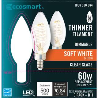 EcoSmart 60-Watt Equivalent B11 Dimmable E12 Candelabra Fine Bendy Filament LED Vintage Edison Light Bulb Soft White (3-Pack) B11C7E12827S