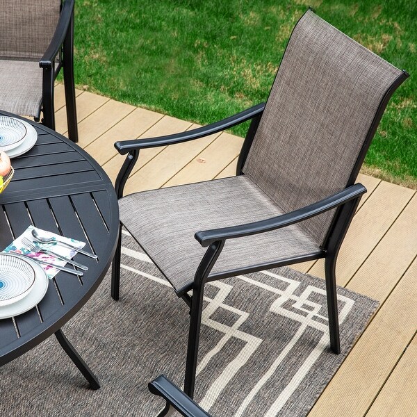 MAISON ARTS 5/7Piece Patio Dining Set，Round Metal Table and 4/6 Textilene Fabric Padded Armchairs