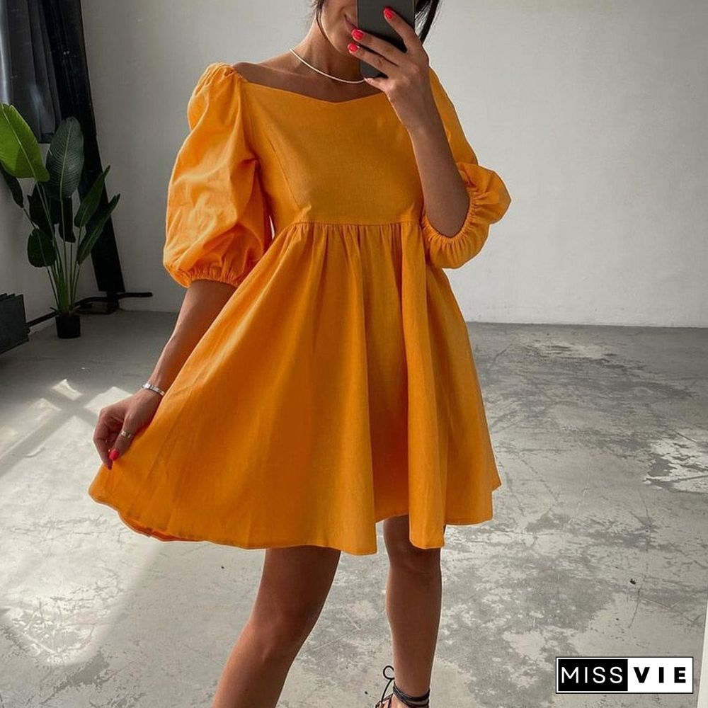 Sexy Elegant Puff Sleeve Pleat A-Line Beach Dress Casual Summer Loose Cover-Ups Fashion Women Square Collar Solid Sundress