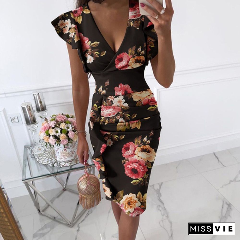 Elegant Floral Print Dresses For Women New Summer Trendy Clothes V-neck Ruffle Party Midi Dress Robe Femme