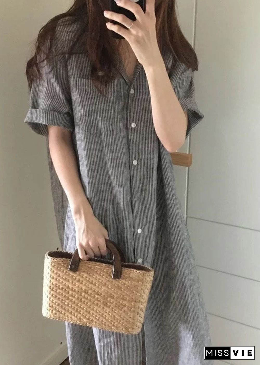 Fitted Black Striped Oversized Linen Maxi Dresses Short Sleeve