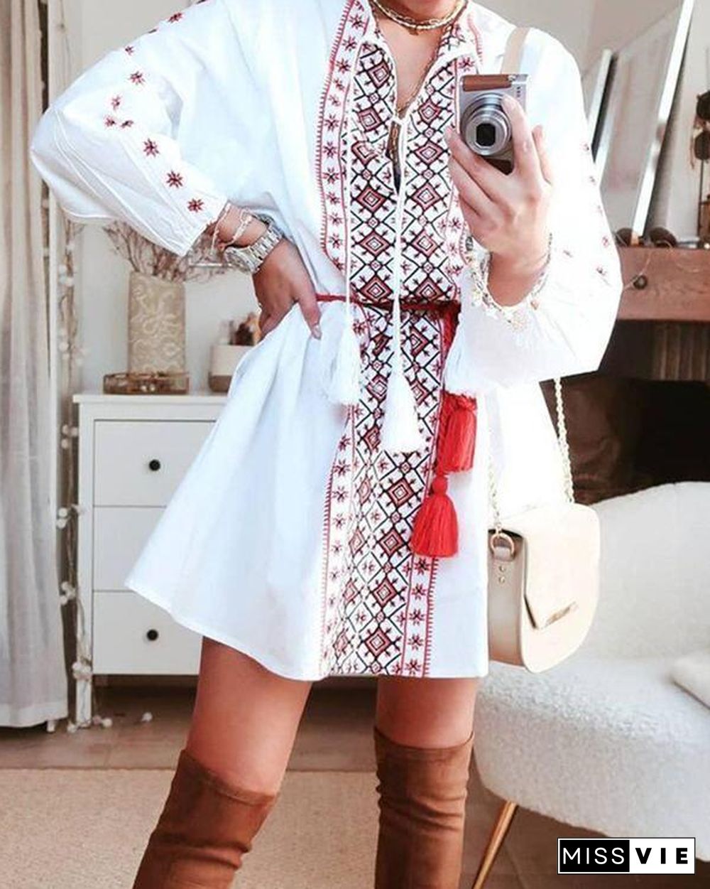 Temperament Printed Casual Shirt Mini Dress