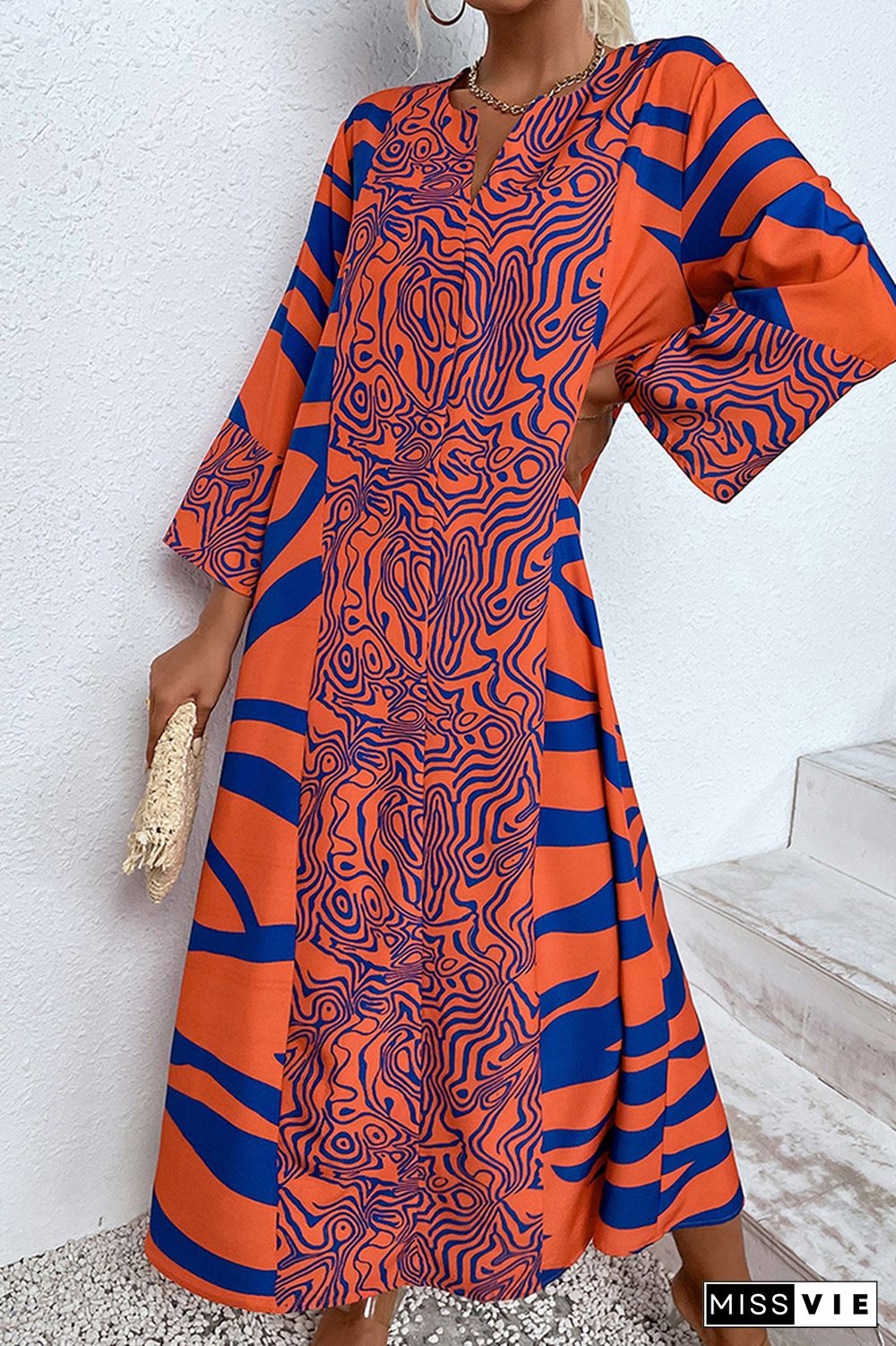 V Neck Orange Oversize Printed Maxi Dress