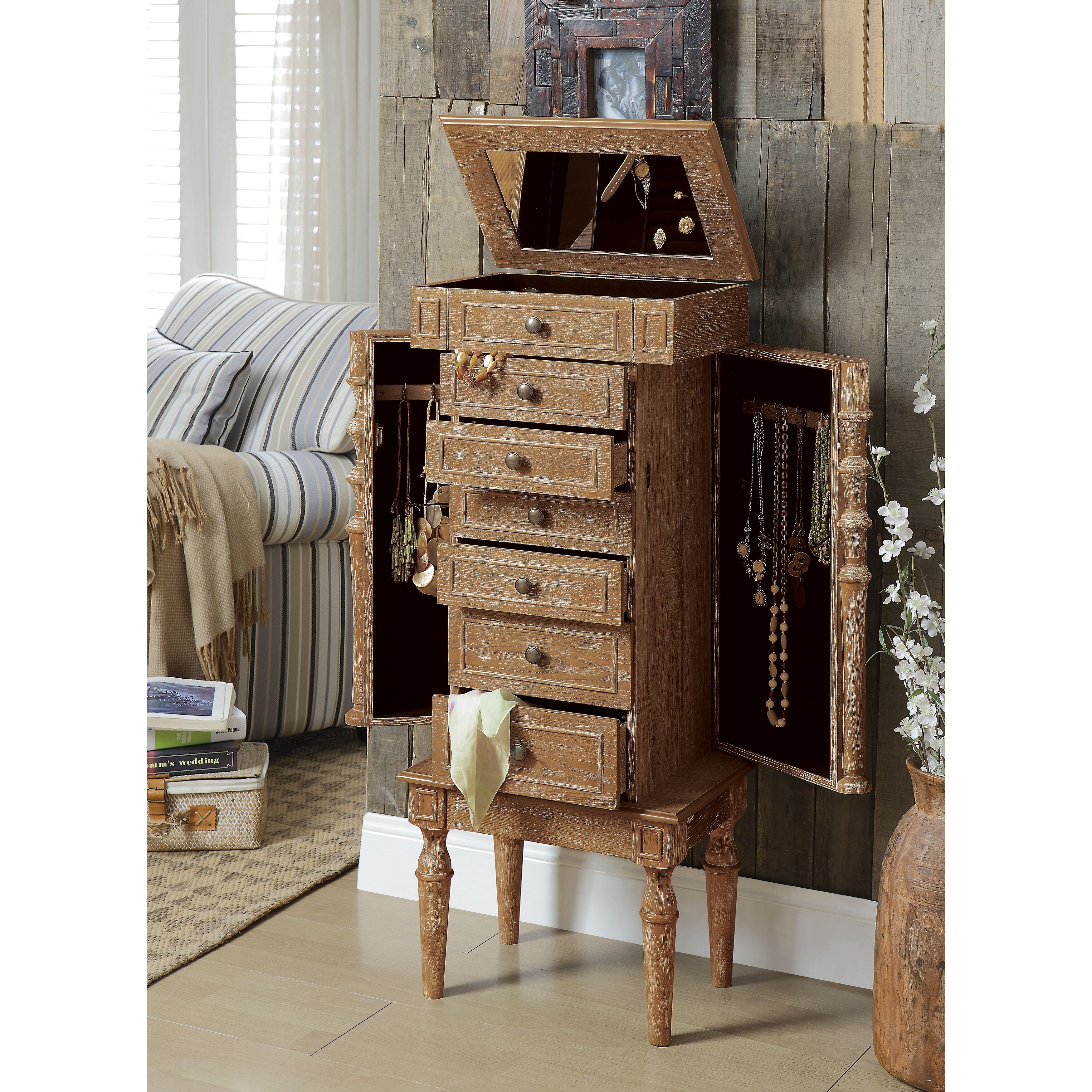 Jewelry Armoire in Weathered Oak w/Mirror and Storage - - 35648755