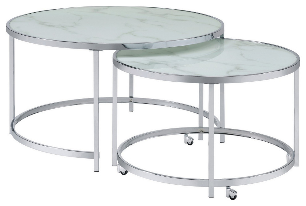 Benzara Marbled Glass Nesting Accent Tables  Round Top  Metal  2 Piece Set   Contemporary   Coffee Table Sets   by Uber Bazaar  Houzz