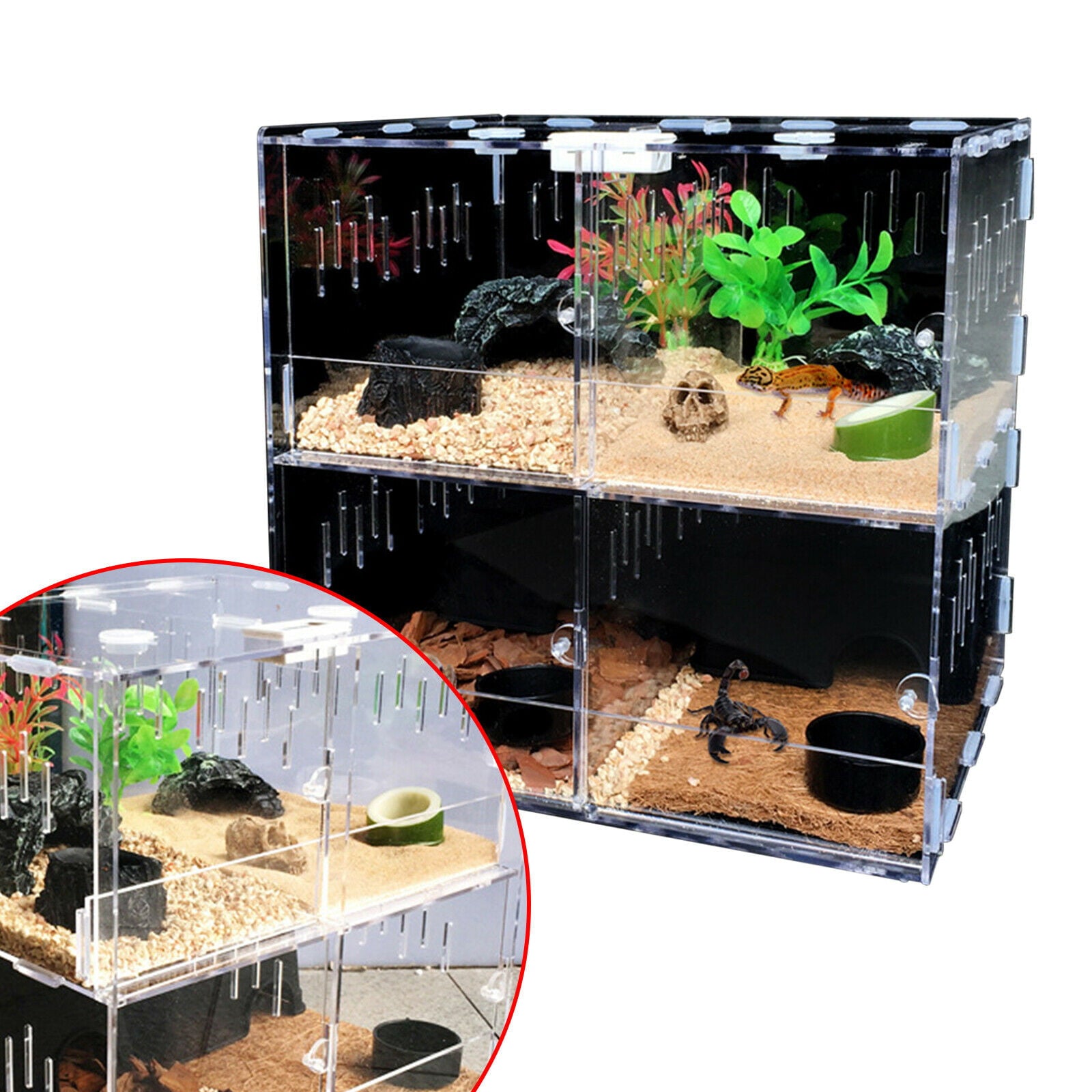 TOOL1SHOoo Transparent 4 Grids Large Reptile Pet Tank Acrylic Climbing Pet Box +Thermometer