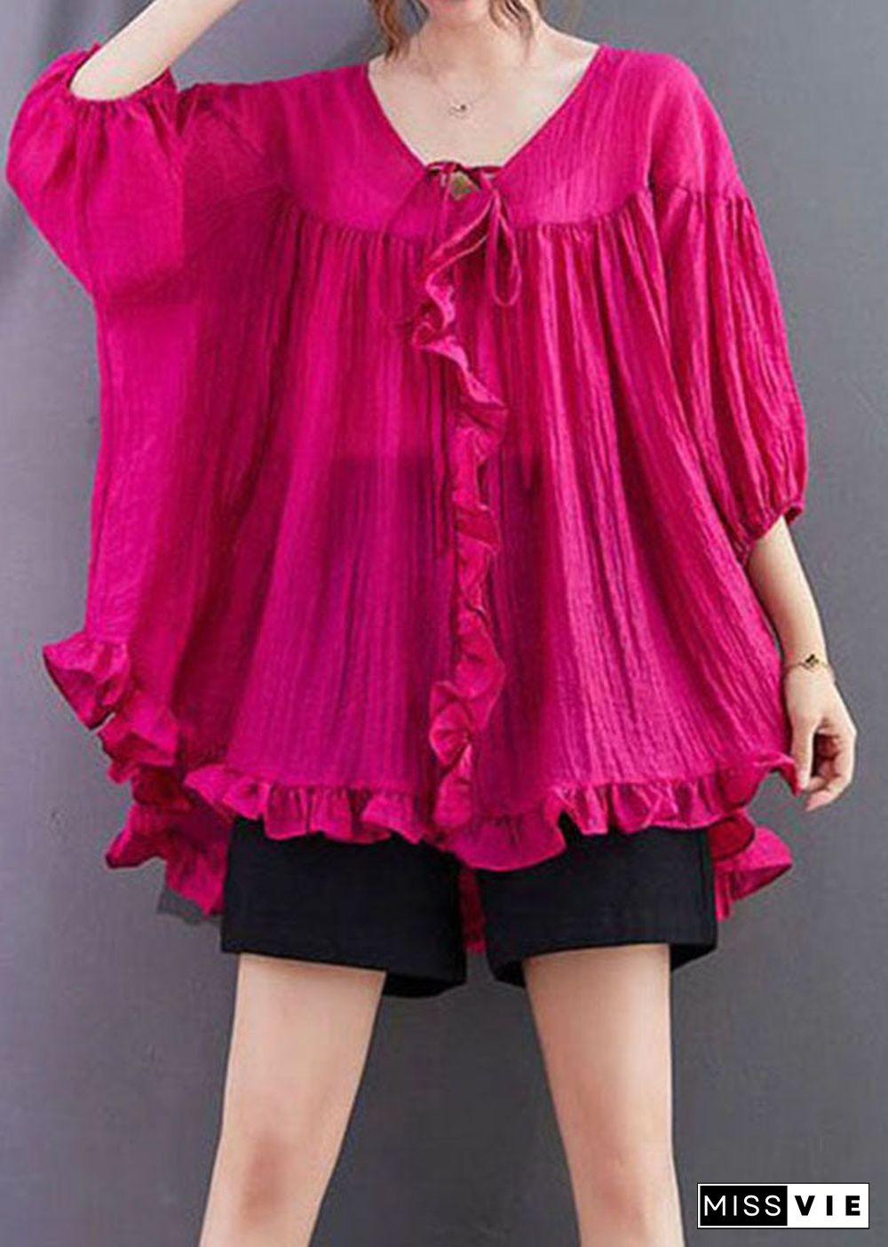 Loose Rose Ruffled Patchwork Lace Up Cotton Shirts Top Summer