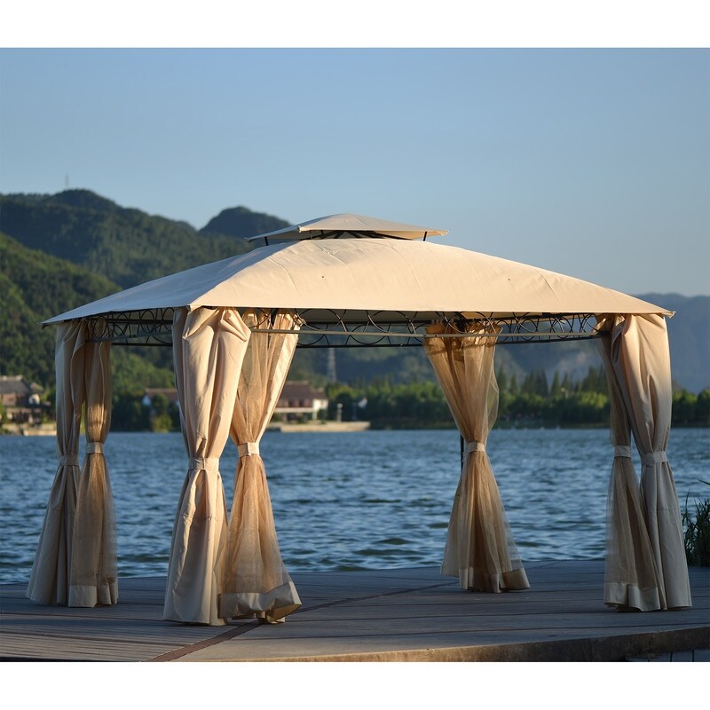 Outdoor Garden Patio Gazebo with 2 Tiered Canopy and Folding Curtains