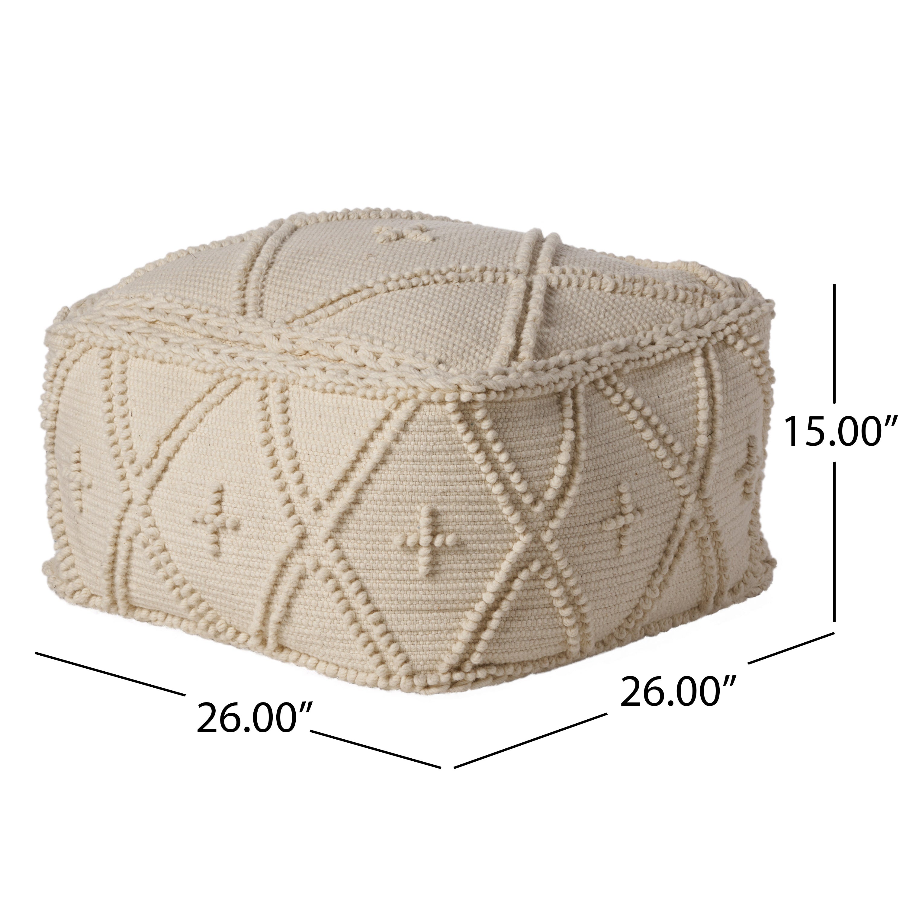 Nina Large Square Casual Pouf, Boho, White Wool and Cotton