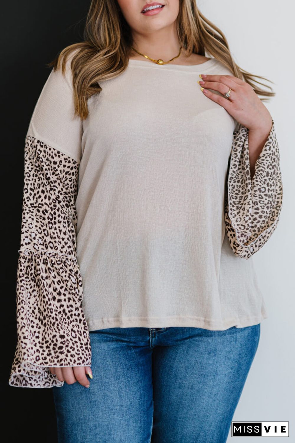 Beige Leopard Bell Sleeve Patchwork Plus Size Top