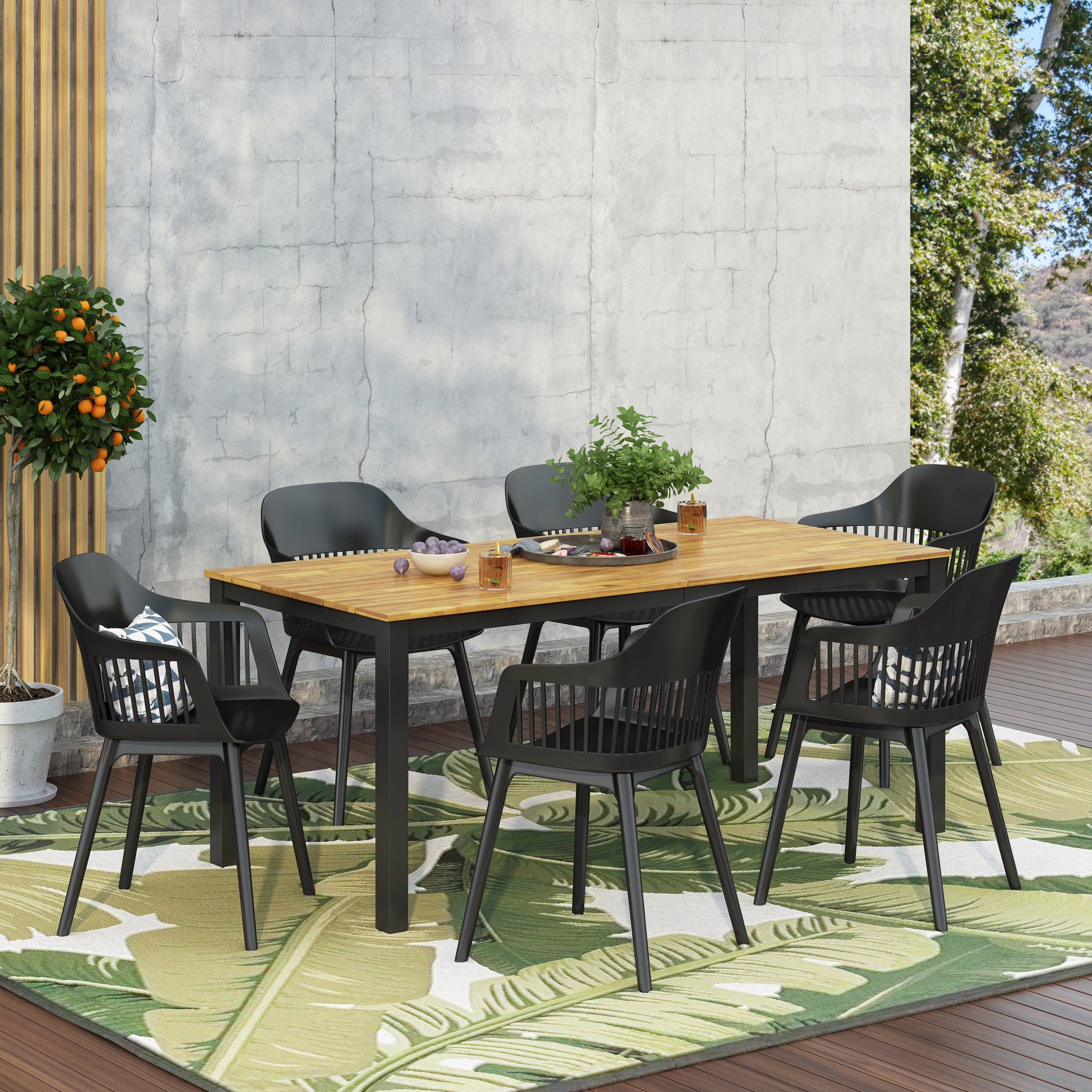 Furman Outdoor Wood and Resin 7 Piece Dining Set, Black and Teak