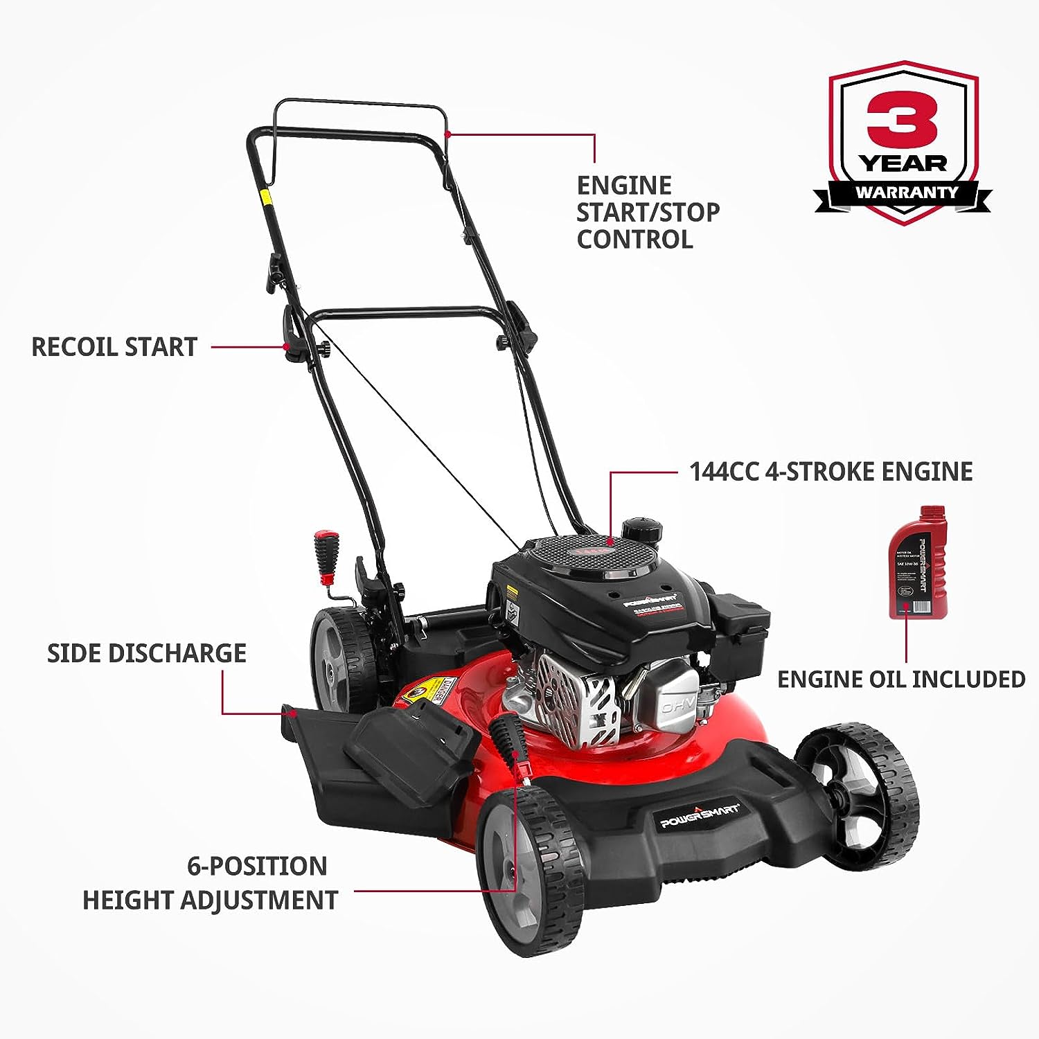 PowerSmart Gas Lawn Mower, 21-Inch 144cc 4-Stroke Engine 2-in-1 Walk-Behind Push Lawn Mower (DB2321CR)