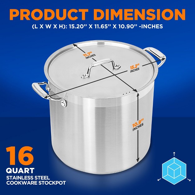 Nutrichef 16 quart Stainless Steel Stockpot 18 8 Food Grade Heavy Duty Large Stock Pot For Stew Simmering Soup