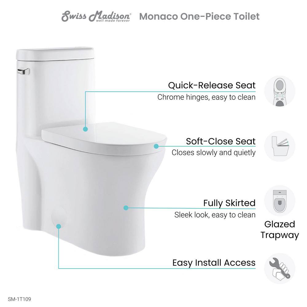 Swiss Madison Monaco 1-Piece 1.28 GPF Elongated Left Side Single Flush Handle Toilet in Glossy White SM-1T109