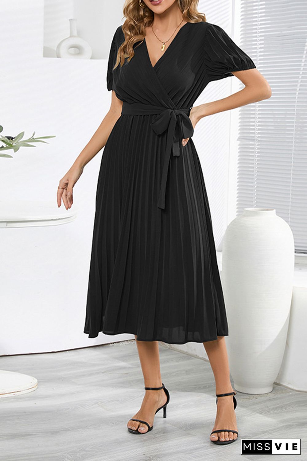 Plain Wrap V Neck Pleated Midi Dress With Sash