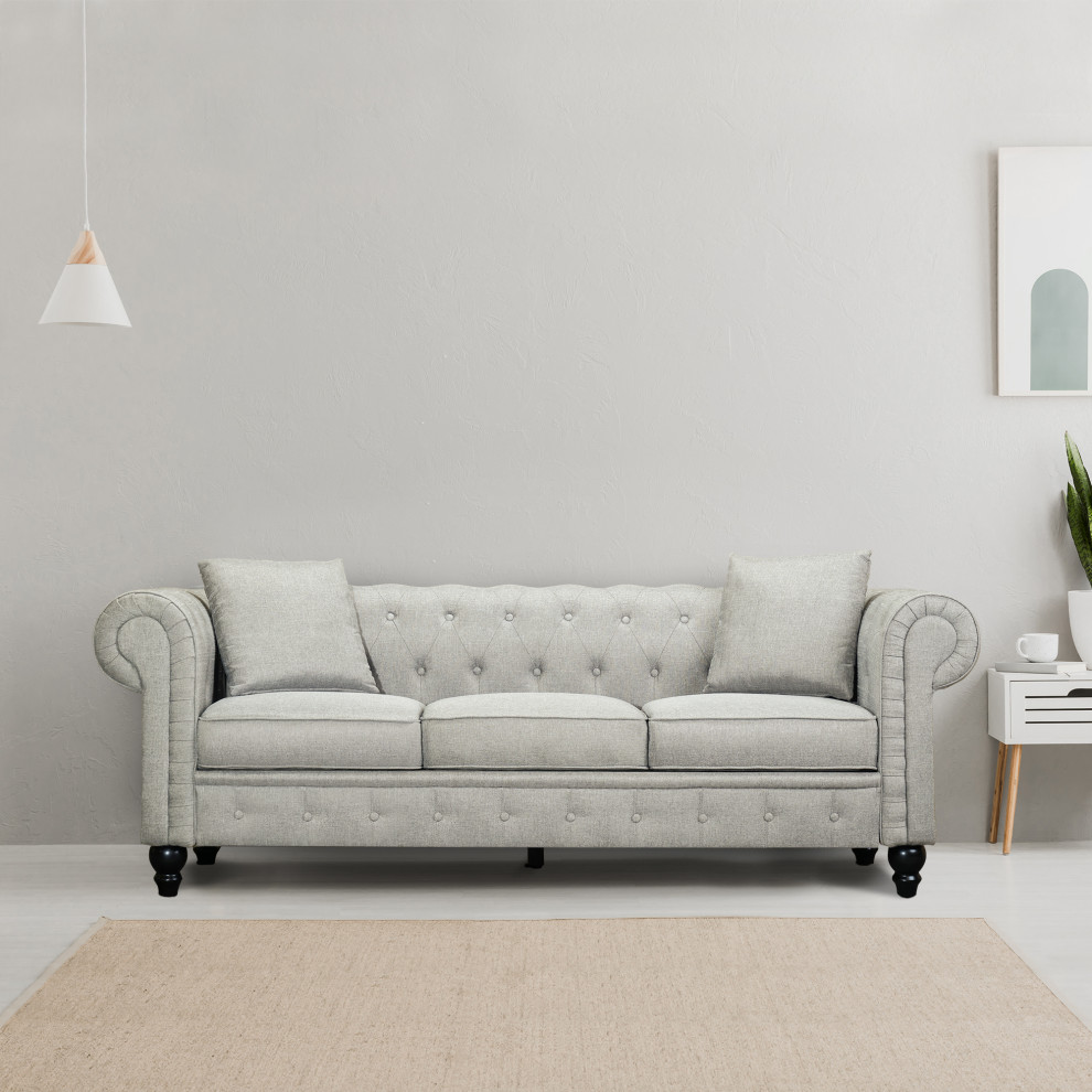 Cerna 82.7 quotLinen Rolled Arm Chesterfield Sofa  Light Grey   Traditional   Sofas   by E VISION INTL INC.  Houzz