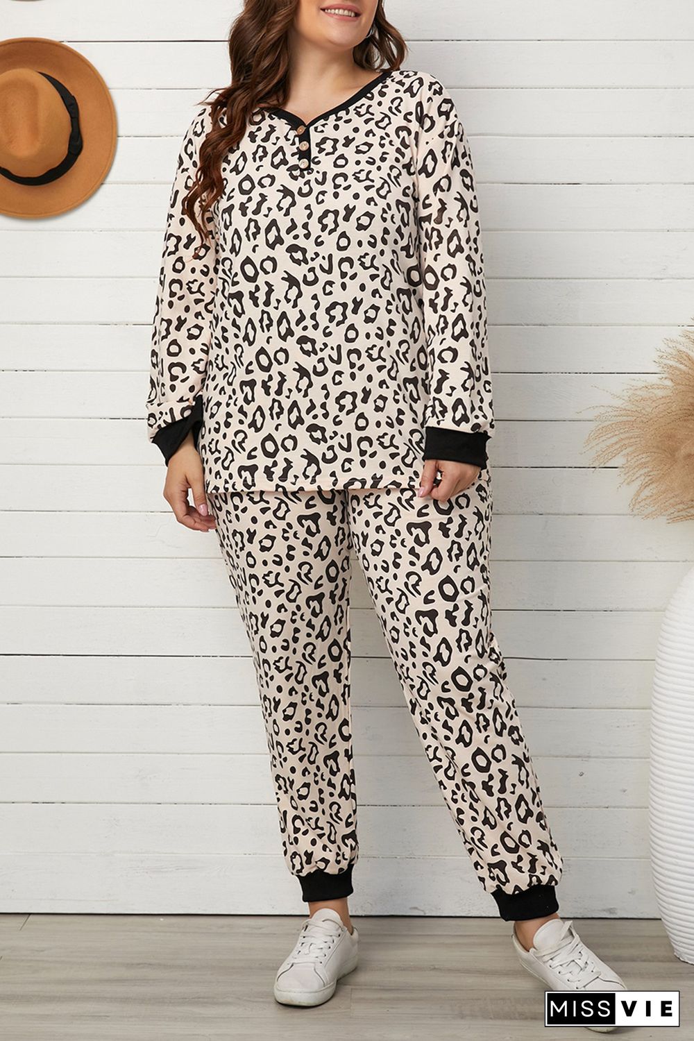 Leopard Plus Size V Neck Top And Sweatpants Lounge Set