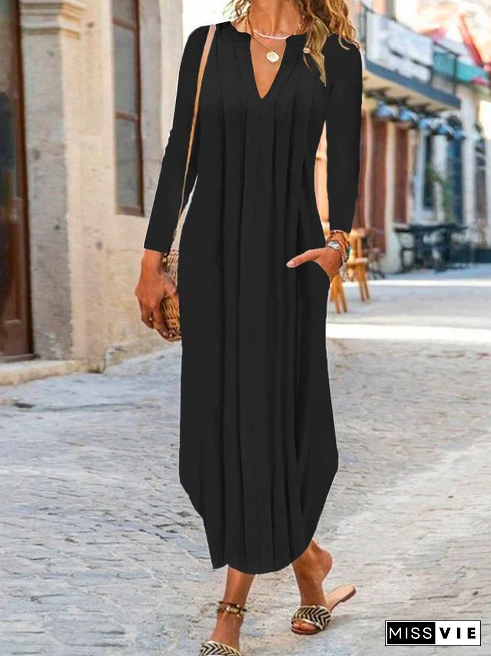 Black Long Sleeve Plain Midi Dress