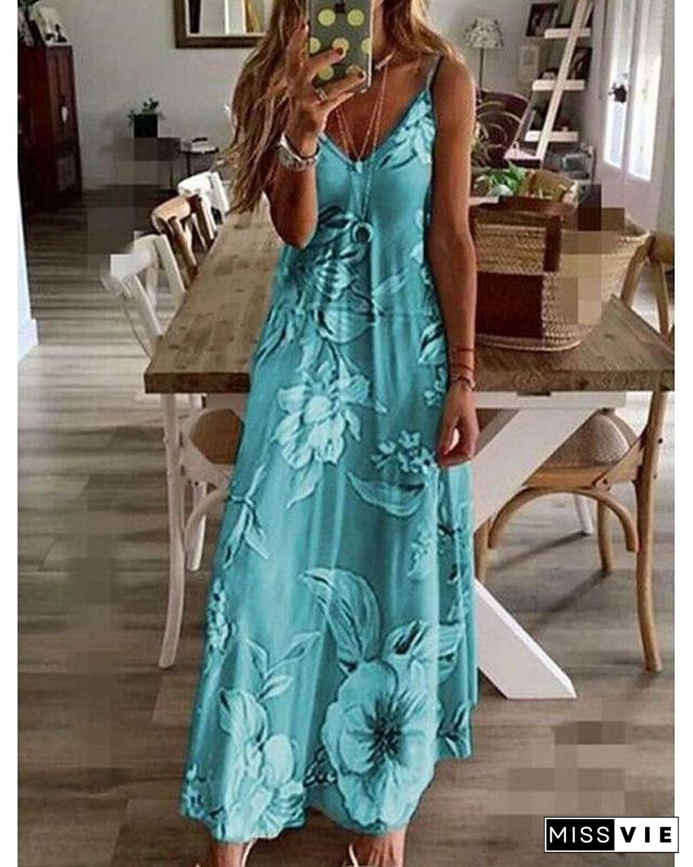 Women's Maxi long Dress - Sleeveless Floral Print Summer V Neck Hot Holiday Beach Slim  Fuchsia Sky Blue Light gray Light Green Light Blue Light Pink S M L XL XXL