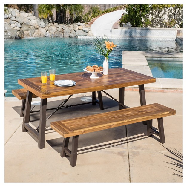 Catriona 3pc Acacia Wood Picnic Table Teak Finish Christopher Knight Home