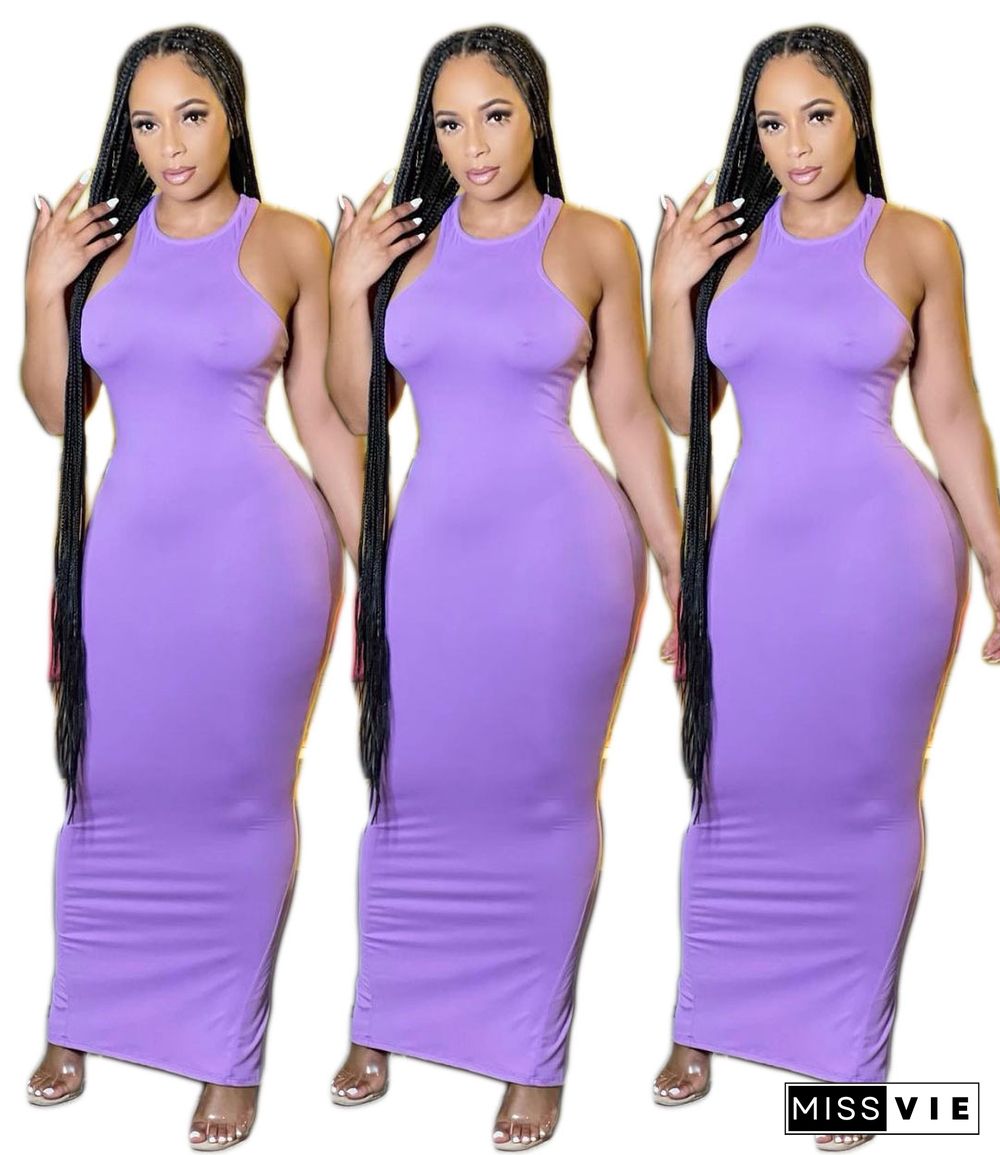 Fashion Solid Color Sleeveless O-Neck High Waist Summer Party Clubwear Outfit Bodycon Long Dress