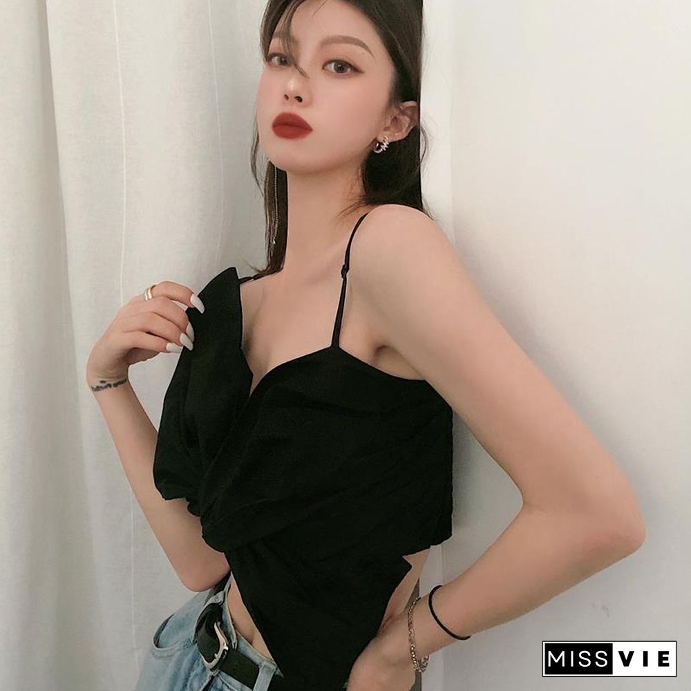 Camis Women Summer New Fashion Spaghetti Strap Irregular Slim All Match Elegant Korean Style Cozy Leisure Female Cropped Tops