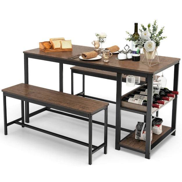 Tangkula 3pcs Rustic Kitchen Dining Set Includes Storage Rack W Rectangular Table amp 2 Benches