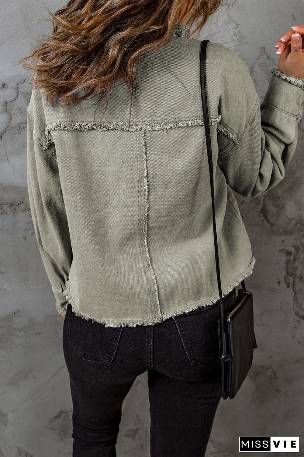 Distressed Flap Pockets Frayed Hemline Denim Jacket