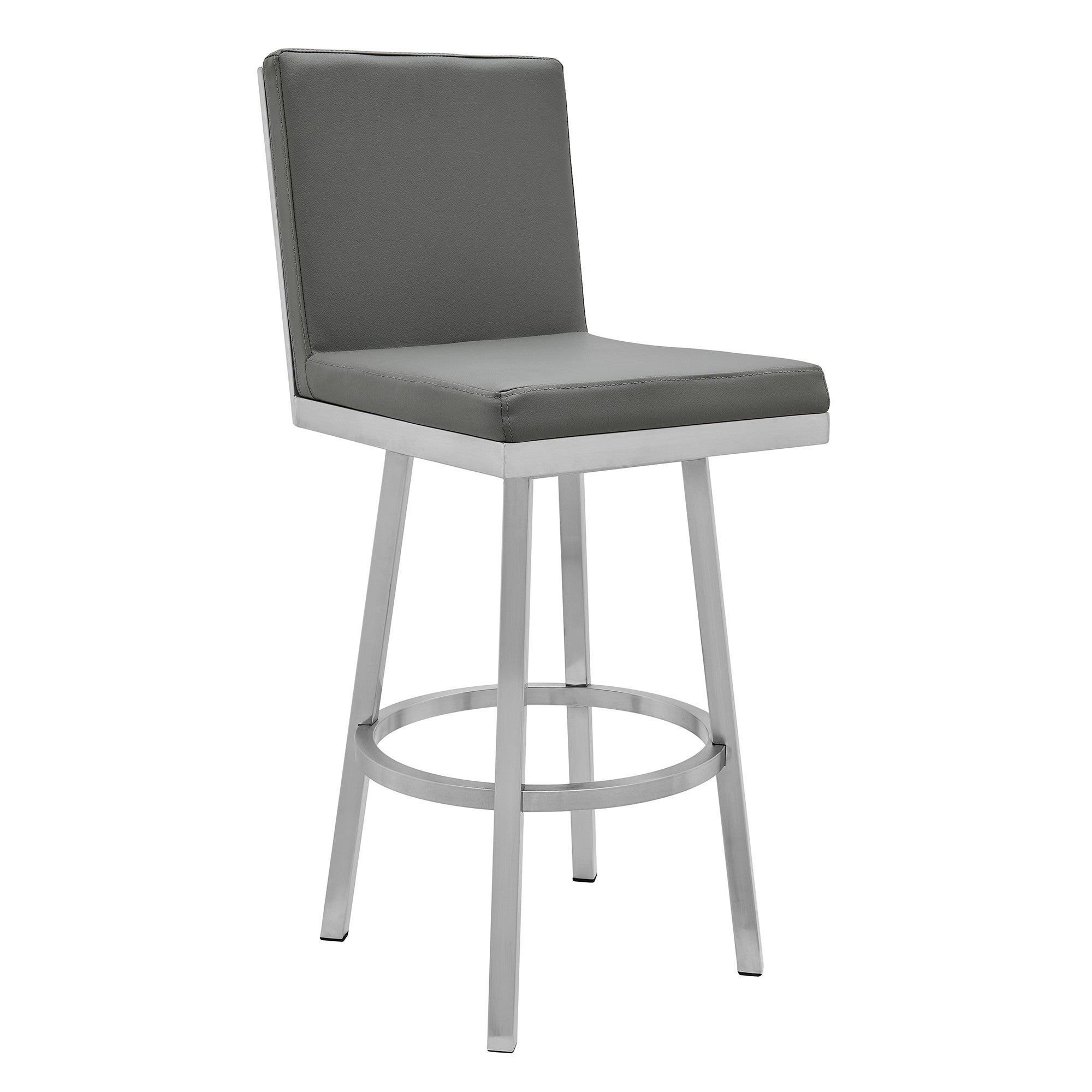 Kim 26 Inch Modern Vegan Leather Counter Stool， Swivel， Metal Legs， Gray