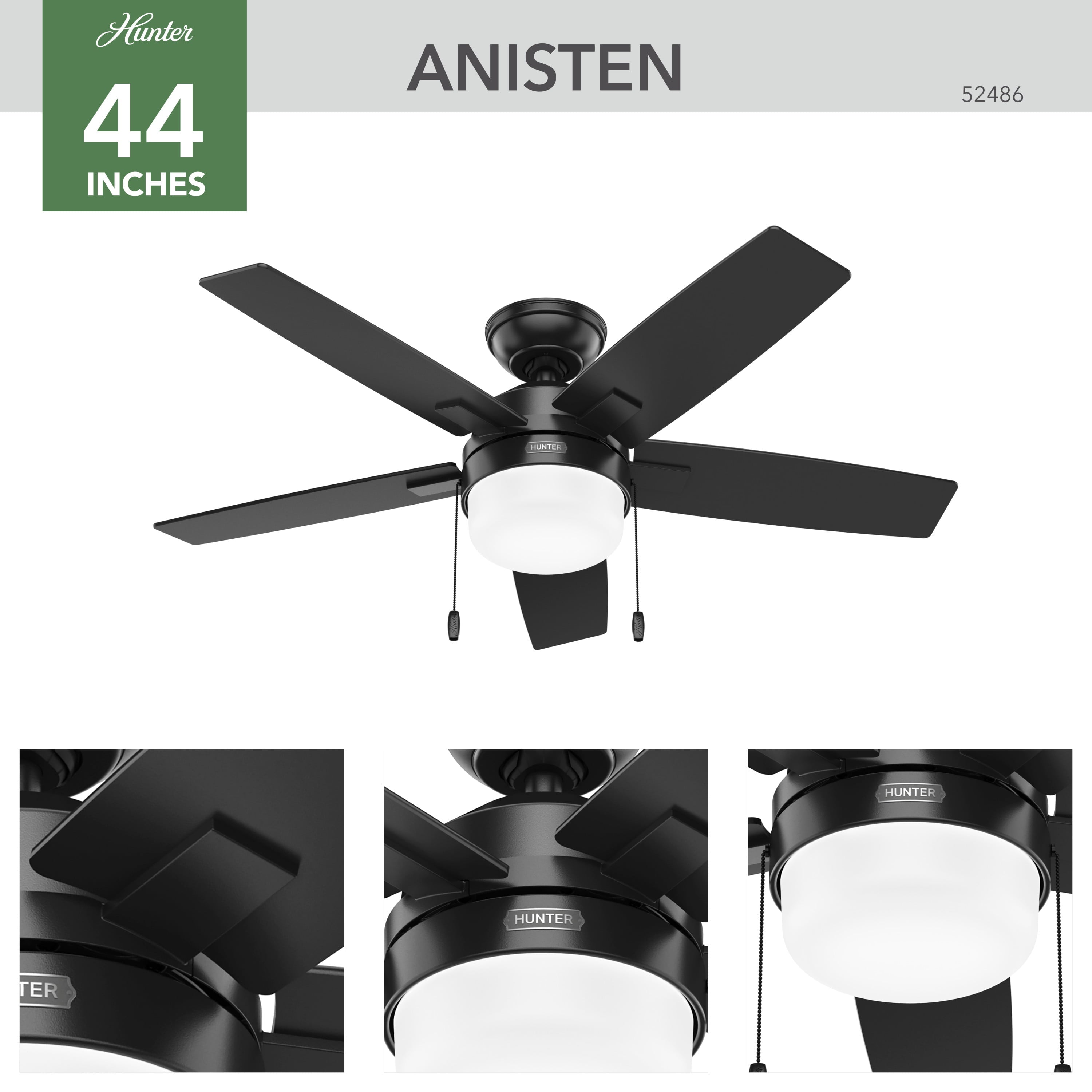 Hunter 44 inch Anisten Matte Black Ceiling Fan with LED Light Kit and Pull Chain