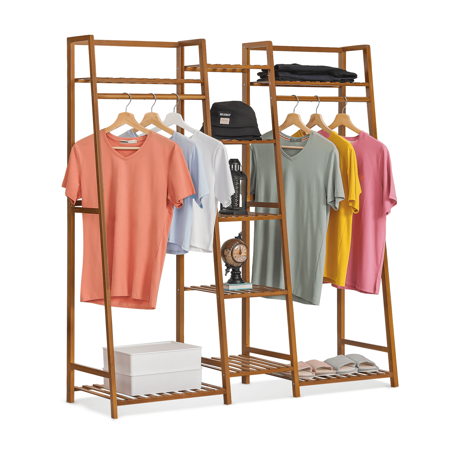 MoNiBloom Bamboo 5 Tiers Trapezoid Coat Rack, Closet Organizer Wardrobe, Hanging Rod, Brown, for Bedroom