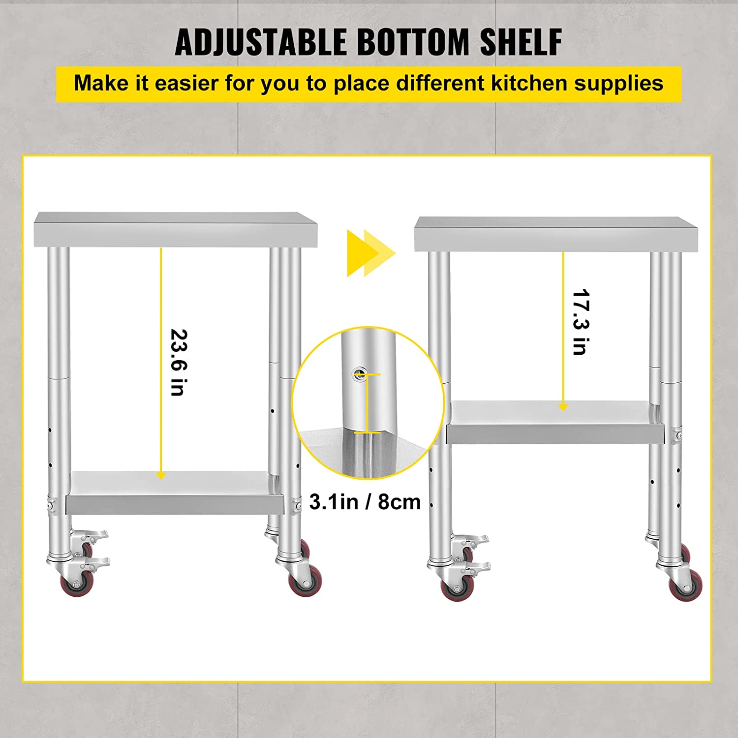 VEVORbrand Stainless-Steel Work Table 24 x 12 Inches with 4 Wheels for Commercial Kitchen Restaurant