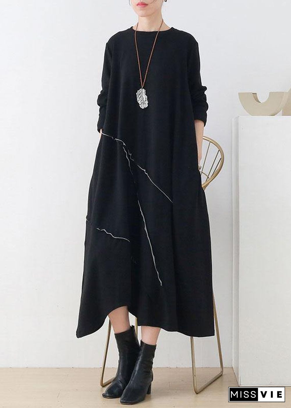 Natural Black O-Neck Patchwork Fall Knit Dress Long Sleeve