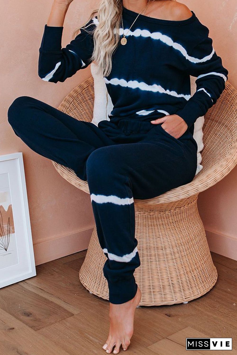 Navy Tie-dye Stripes Pullover Top and Pants Lounge Set