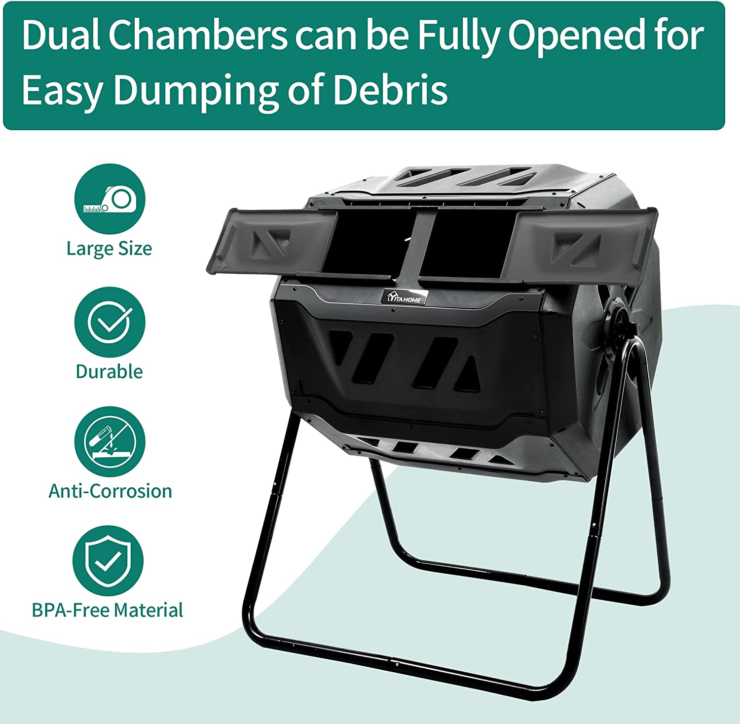 YITAHOME Large Outdoor Dual Bin Composter Tumbling , 43 Gallon Rotating Compost Bin with 2 Sliding Doors and Aeration System, Garden Compost Tumbler, BPA Free (2 x 21.5 Gallon,Black )