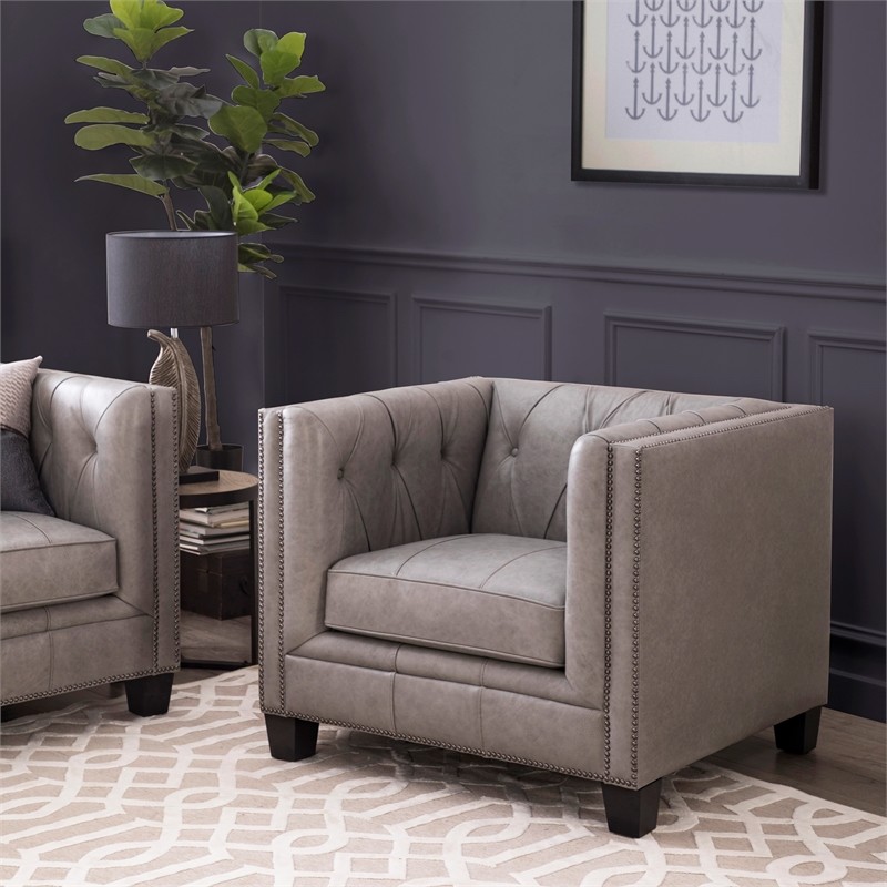 Bowery Hill Leather Chesterfield Accent Chair In Grey   Transitional   Armchairs And Accent Chairs   by Homesquare  Houzz