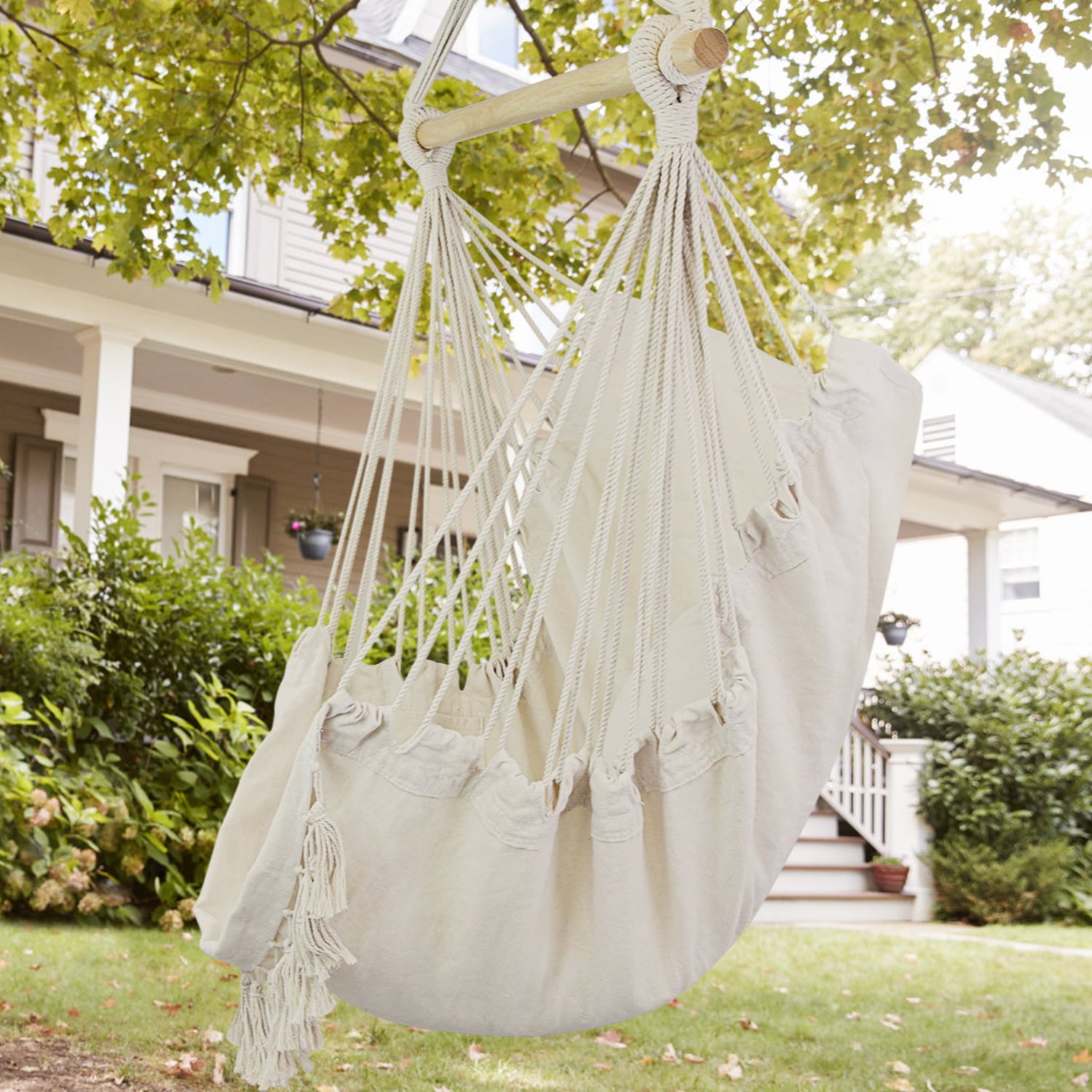 Indoor Outdoor Hammock Chair Swing with Hanging Hardware Kit - Beige, Cotton Canvas, Include Carry Bag & Two Seat Cushions