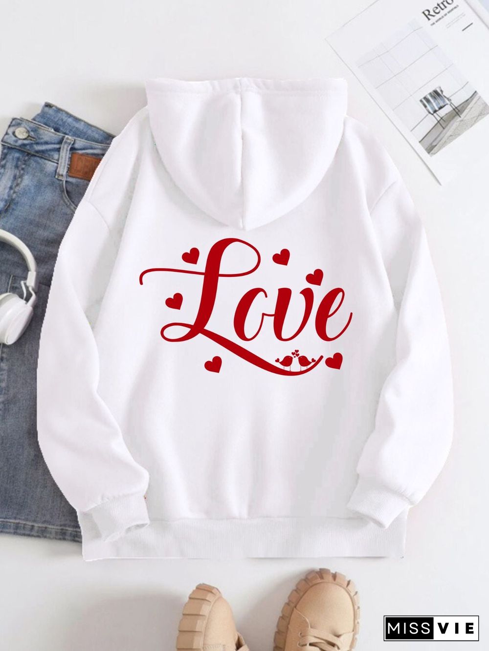 Printed on the Back Kangaroo Pocket Hoodie Long Sleeve for Women Pattern Love