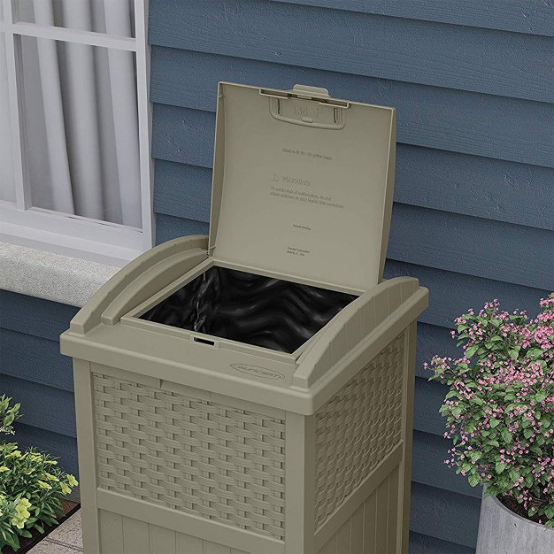 Suncast Wicker Plastic Outdoor Hideaway Trash Can With Sturdy Base amp Latching Lid For Use In Lawn Backyard Deck Or Patio Dark Taupe 2 Pack