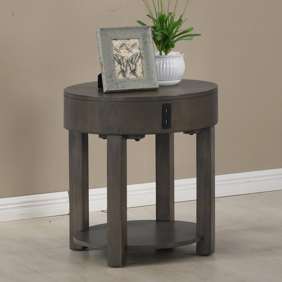 Jonah Light Brown Engineered Wood Round End Table with USB Ports   Transitional   Side Tables And End Tables   by Homesquare  Houzz