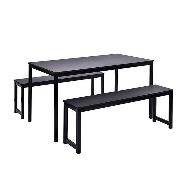 3 Pieces Dining Table and Chair Set， Dining Table with Two Benches， Black