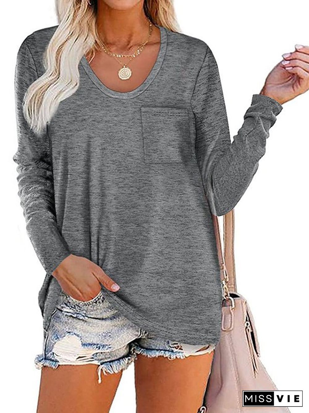 Long Sleeve Crew Neck Solid Casual T-shirt