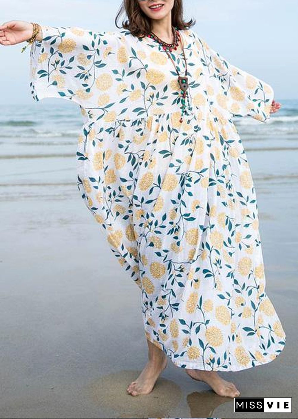 Unique o neck Extra large hem linen dress pattern white print Dresses summer