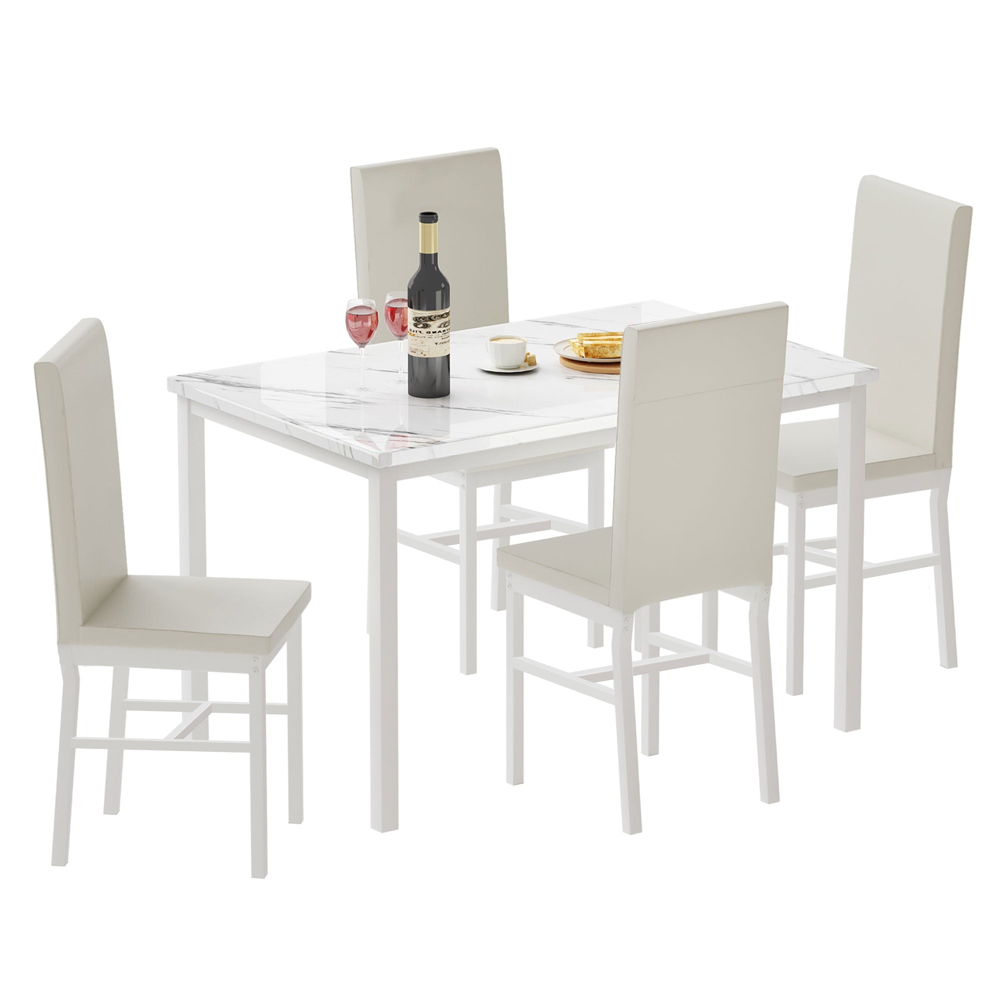 paproos Dining Table Set for 4, Modern 5-Piece Kitchen Table Set with Marble Top and Faux Leather Upholstery Chairs, Heavy Duty Dinette Sets for Breakfast Nook, Dining Room Table and Chairs, White