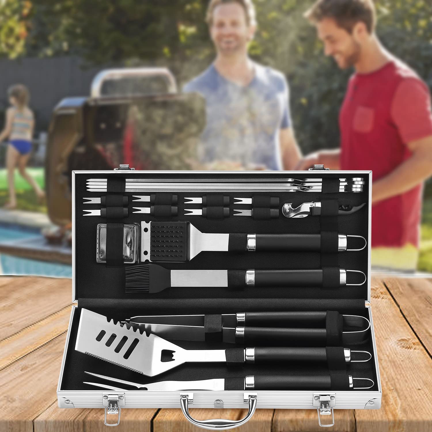 Grilljoy 20PCS BBQ Grill Tools Set - Extra Thick Stainless Steel Fork， Spatula， Tongsand Cleaning Brush - Complete Barbecue Grilling Utensils Set in Aluminum Storage Case - Perfect Grill Gifts for Men