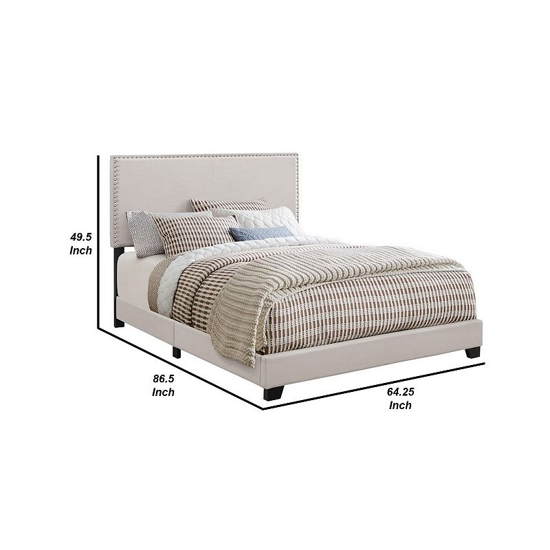 Fabric Upholstered Queen Size Platform Bed with Nail Head Trim， Ivory