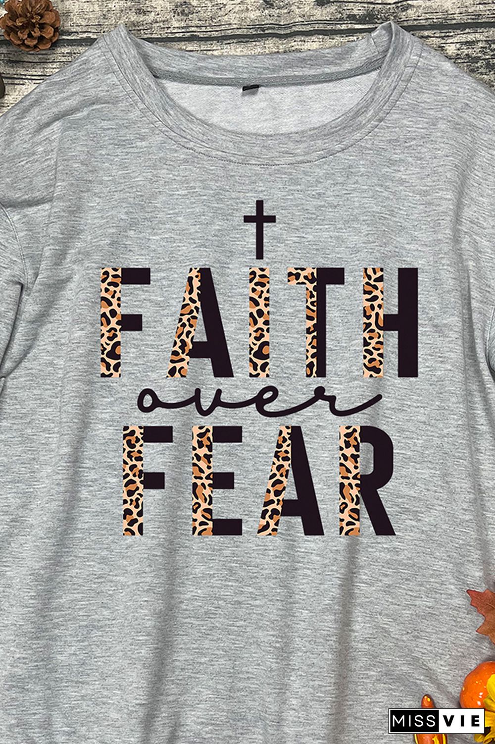 Faith Over Fear Half Leopard Black Print O-neck Long Sleeve Sweatshirts Women Wholesale